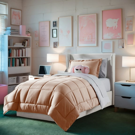 Virtu Twin Comforter Sets, 5pc Twin Bed in a Bag, Pleated Twin Bedding Comforter Sets Twin with Sheets, Peach Beige