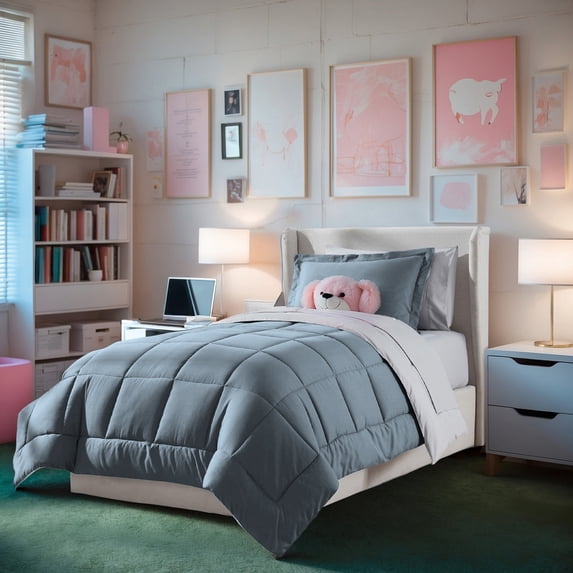 Virtu Twin Comforter Sets, 5 Piece Twin Bed in a Bag, Reversible Twin Bedding Comforter Set with Sheets, Kids Bedding, Stone Blue