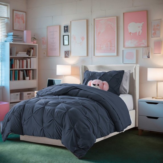 Virtu Twin XL Comforter Set, 5pc Bed in a Bag, Pleated Bedding Comforter Sets with Sheets, Navy