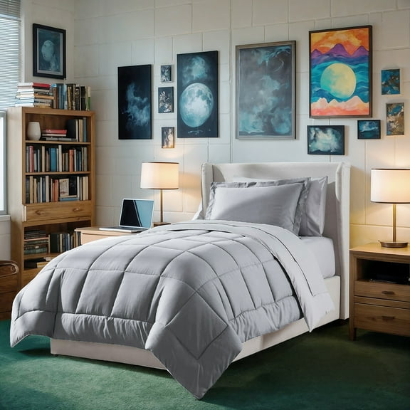 Ravure Twin XL Comforter Set, Bed in a bag, 7 Pc Reversible Bedding Comforter Set with Sheets, Bedding Set, Gray