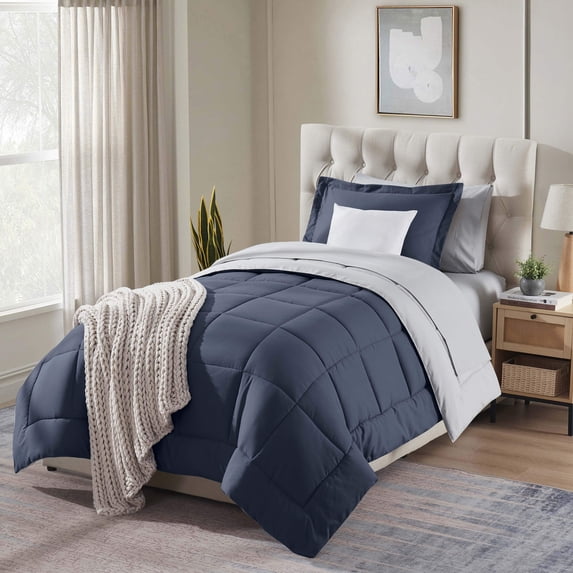 Virtu Twin XL Comforter Set, 7pc Bed in a Bag, Reversible Bedding Comforter Sets with Sheets, Navy