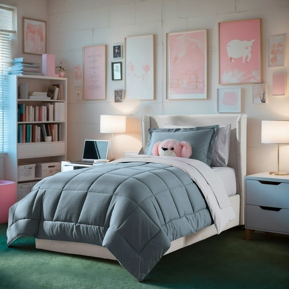 Virtu Twin XL Comforter Sets, 5pc Twin XL Bed in a Bag, Pleated Twin XL Bedding Comforter Sets Twin XL with Sheets, Stone Blue