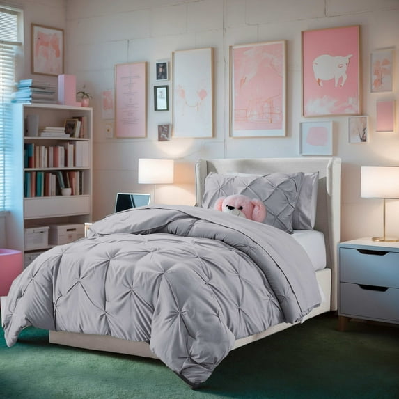 Virtu Twin XL Comforter Set, Bed In A Bag 5 Pc Pleated Bedding Set, Grayish Lavender