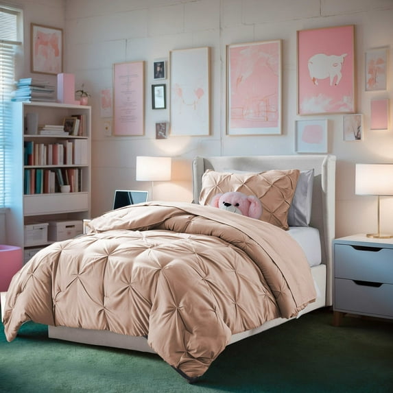 Virtu Twin XL Comforter Set, Bed In A Bag 5 Pc Pleated Bedding Set, Peach Beige