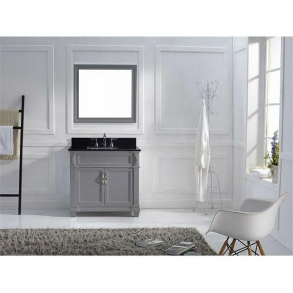 Virtu USA MS-2636-BGSQ-GR-002 36 in. Victoria Grey Single Square Sink Black Galaxy Top Bathroom Vanity with Polished Chrome Faucet & Grey Frame Mirror