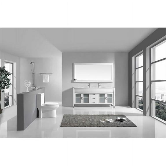 Virtu USA UM-3073-S-WH-001 71 in. Ava White Double Round Sink White Stone Top Bathroom Vanity with Brushed Nickel Faucet & White Frame Mirror