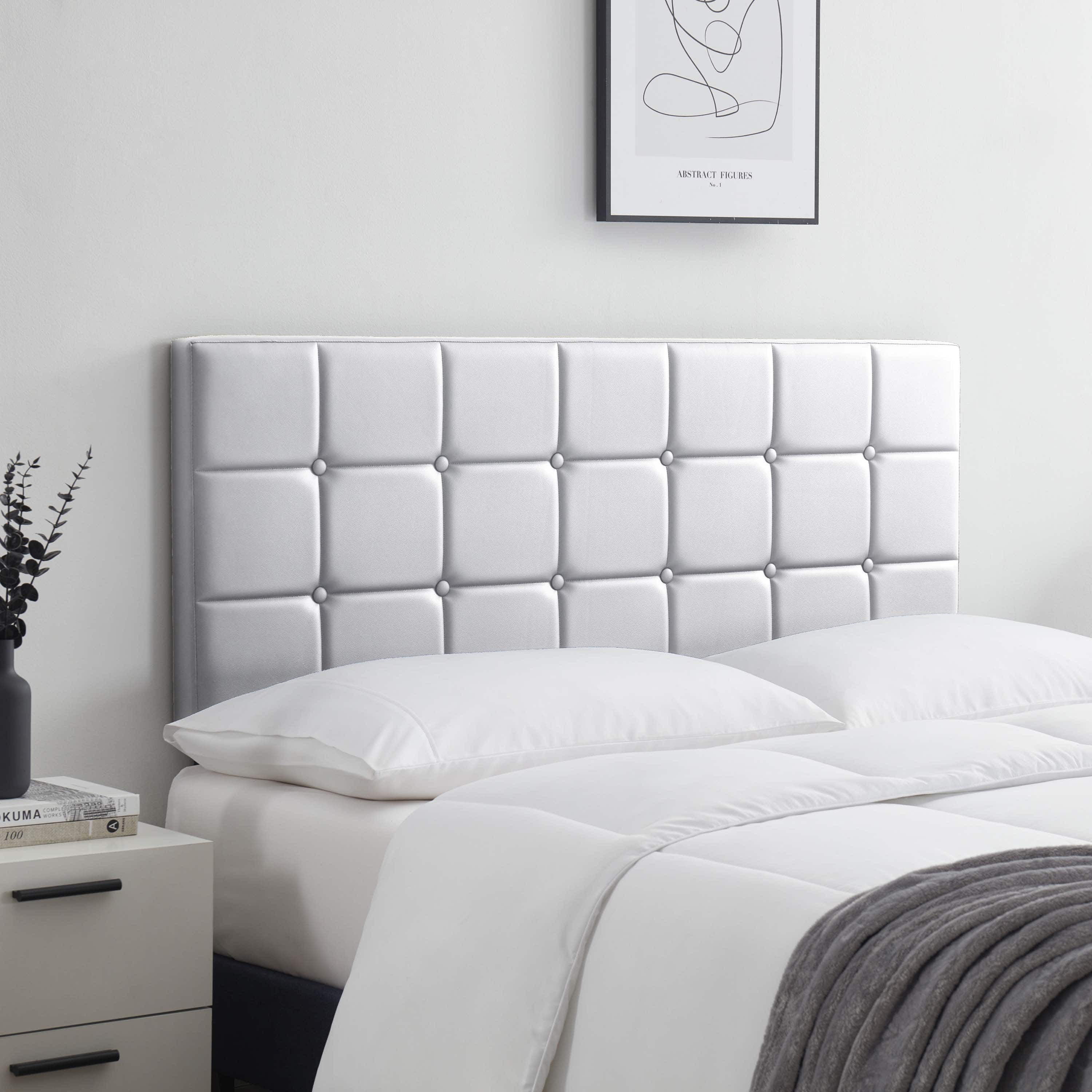 LammaLoe Faux Leather Button Square Tufted Full Headboard with Adjustable Height, White, Full