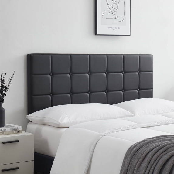LammaLoe Faux Leather Button Square Tufted King Headboard with Adjustable Height, Black, King