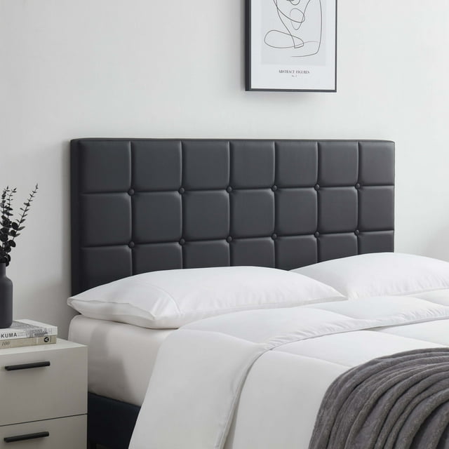 LammaLoe Faux Leather Button Square Tufted King Headboard with Adjustable Height, Black, King