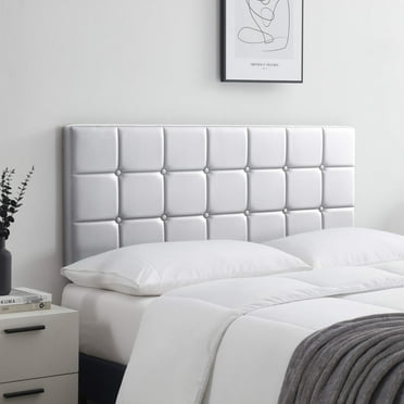 LammaLoe Faux Leather Button Square Tufted Queen Headboard with Adjustable Height, White, Queen