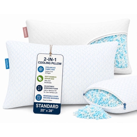 Virtu Cooling Memory Foam Standard Pillows for Bed 2 Pack, Temperature Regulating, Adjustable Shredded Gel-Infused Reversible, 20" x 28"