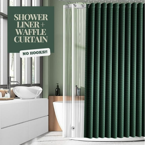 Virtu Waffle Shower Curtain Set, (No Hooks), Hunter Green