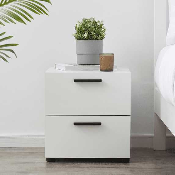 Virtu White Nightstand, Wood Bedroom Bedside Table with 2 Drawers, Living Room Side Table
