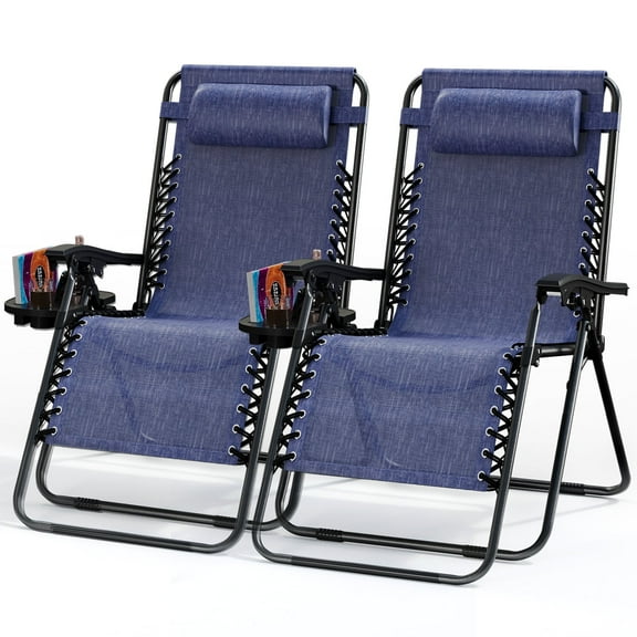 Hearth & Harbor Zero Gravity Chair Set of 2, Outdoor Lounge Chairs with Cup Holder, Blue