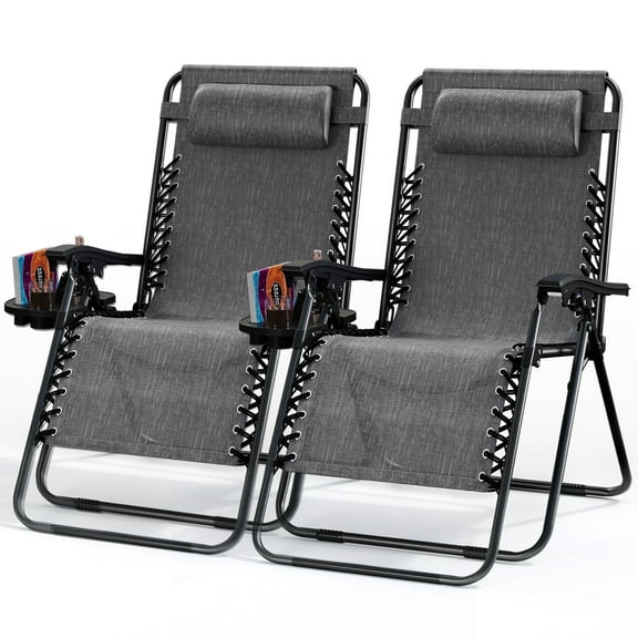 Hearth & Harbor Zero Gravity Chair Set of 2, Outdoor Lounge Chairs with Cup Holder, Gray