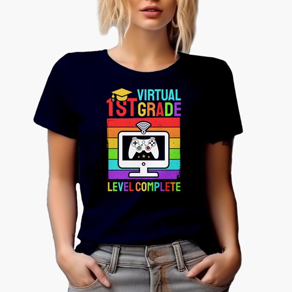 Virtual 1st Grade Level Complete, Online School or Class, Navy Blue T-Shirt, Medium