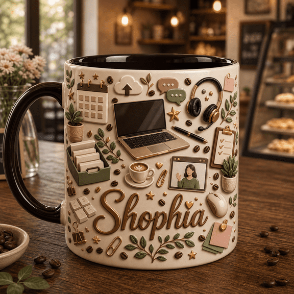 Virtual Assistant Coffee Mug 3D Effect Custom Name VA Gift for Remote Worker
