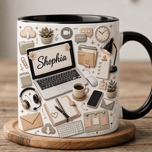 Virtual Assistant Mug Personalized VA Gift, 2D Printed 3D Effect Laptop Planner Remote Worker Gift