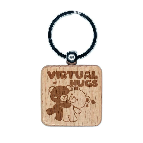 Virtual Bear Hugs Square Keychain Charm Tag - Engraved Wood
