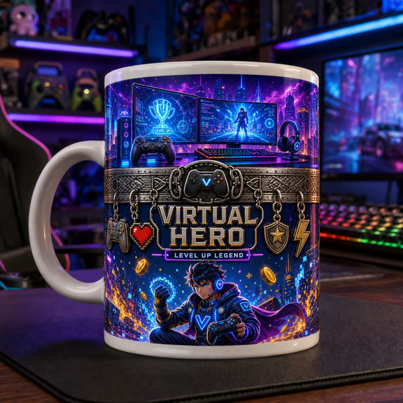 Virtual Hero Mug for Dad, Gamer Father's Day Gift Coffee Cup for Gaming Dads
