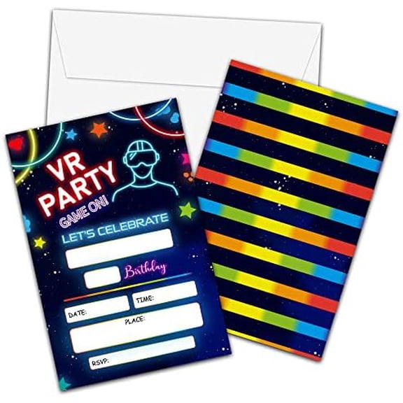 Virtual Reality Birthday Invitations with Envelopes - Game On Party Invitation Card for Boys/Girls - Rainbow Neon Glow Fill-in Invites Cards - Gaming Party Celebration(20 Pack) -15