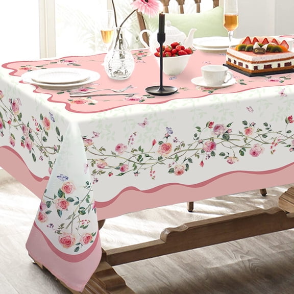 Virtumob Valentines Day Tablecloth Decoration Tablecloths, Pink Rose Rosette Butterfly Table Covers, Waterproof Table Cover for Dinner Kitchen Party Holiday Decor 60"x 102" Oblong/Rectangle Y101