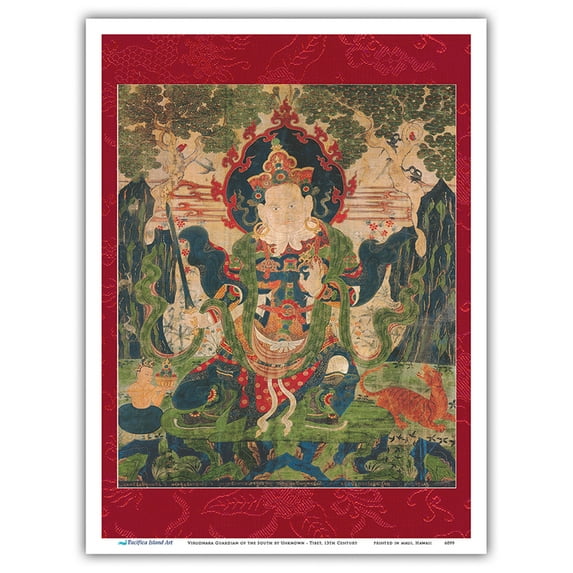Virudhaka Guardian of the South - Worldly Protector Deity - Vintage Tibetan Thangka Buddhist Painting - Tibet, 13th Century - Master Art Print (Unframed) 9in x 12in