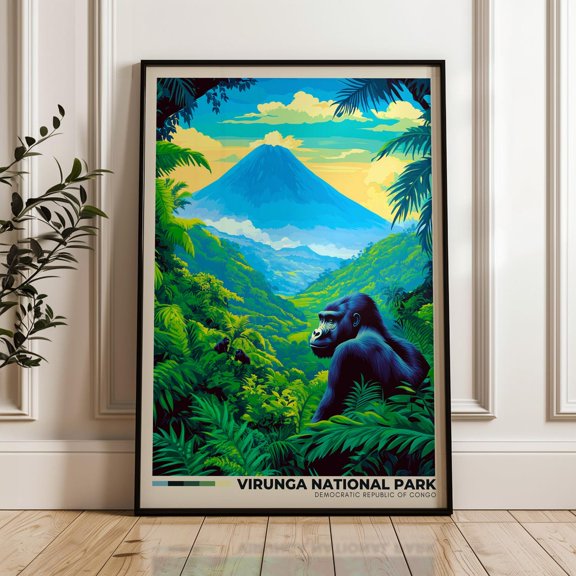 Virunga National Park Travel Poster - Democratic Republic Of Congo Wall Art Print, Illustration Poster, Home & Office Decor, Gorilla Print Wall Art, Modern Wall Decor, 8x12 UNFRAMED
