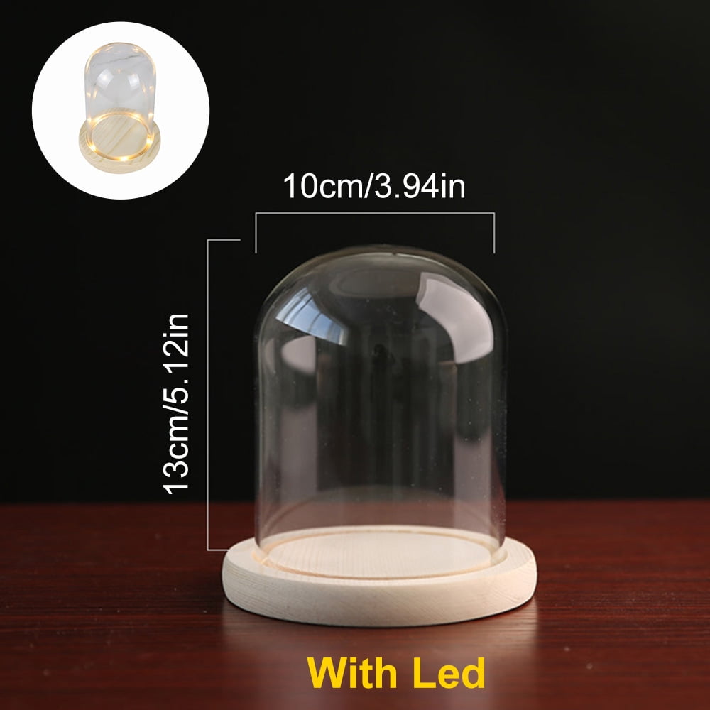 Virwir Clear Glass Cloche Dome Bell Jar Display Case with Wooden LED