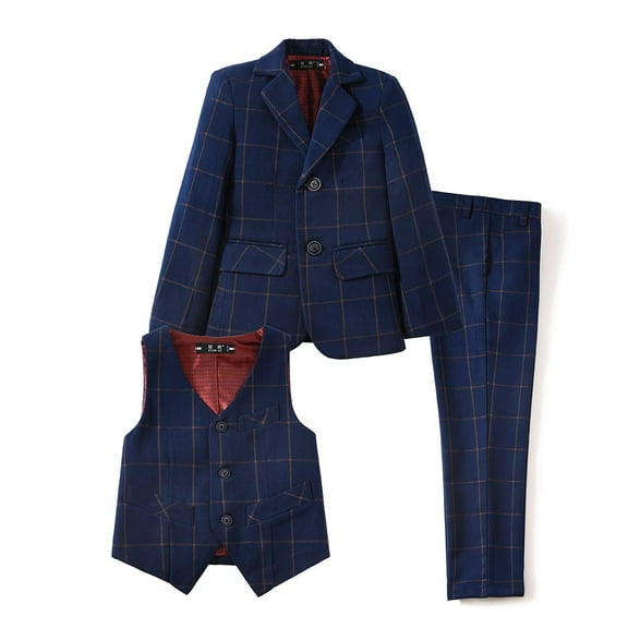 Visaccy 3 Piece Kids Boys' Formal Plaid Navy Blazer Vest and Pants Dress Suits Set for Party Size 10Years