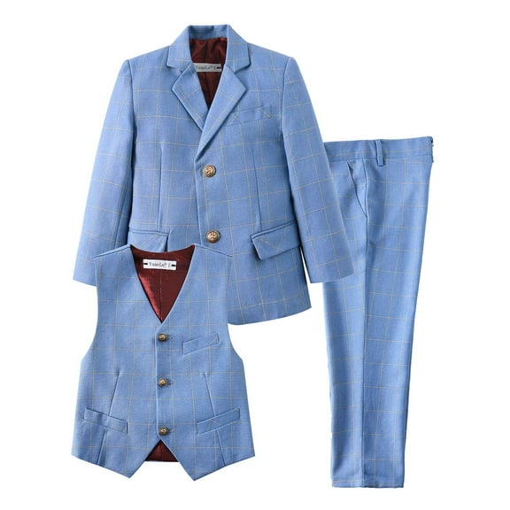 Visaccy 3 Piece Kids Boys' Formal plaid Blue Blazer Vest and Pants Dress Suits Set for Party Size 10Years