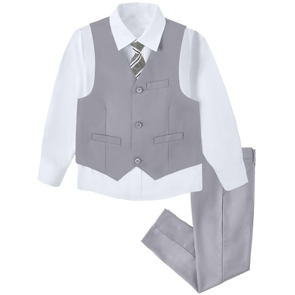 Visaccy 4 Piece Boys' Formal Suit Set with Vest Pants Dress Shirt and Tie Gray 2T