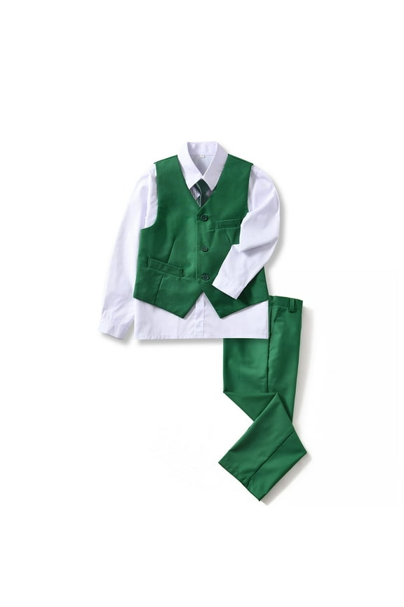 4 Piece Boys' Formal Suit Set with Vest Pants Dress Shirt and Tie Green 4T