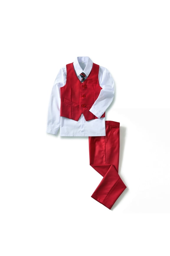 4 Piece Boys' Formal Suit Set with Vest Pants Dress Shirt and Tie Red 8Years