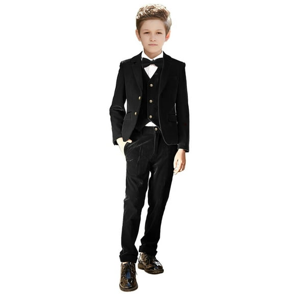 Visaccy Boy Suits 5 Pieces Outfit Set Boys Velvet Suit Blazer Vest Pants Formal Black Tuxedo Slim Dresswear