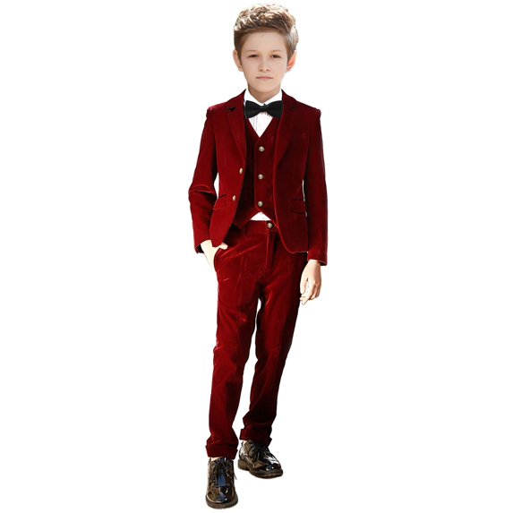 Visaccy Boy Toddle Suits 5 Pieces Outfit Set Boys Velvet Suit Blazer Vest Pants Formal Burgundy Tuxedo Slim Dresswear