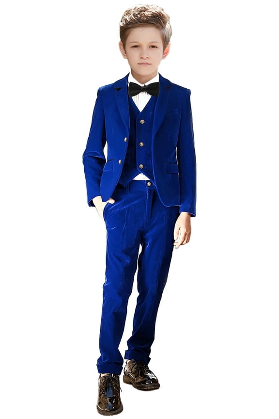 Boy Toddle Teenagers Suits 5 Pieces Outfit Set Boys Velvet Suit Blazer Vest Pants Formal RoyalBlue Tuxedo Slim Dresswear