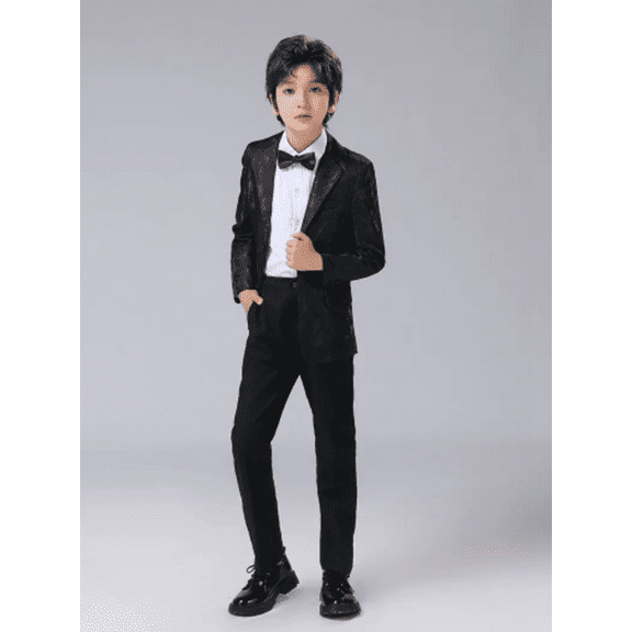 Visaccy Boy's Gentleman 4pcs Suit Set , Feather Pattern Coat, Formal Suit Set with Jackets Pants Shirt and Tie Kid's Clothes For Spring Fall Winter Black