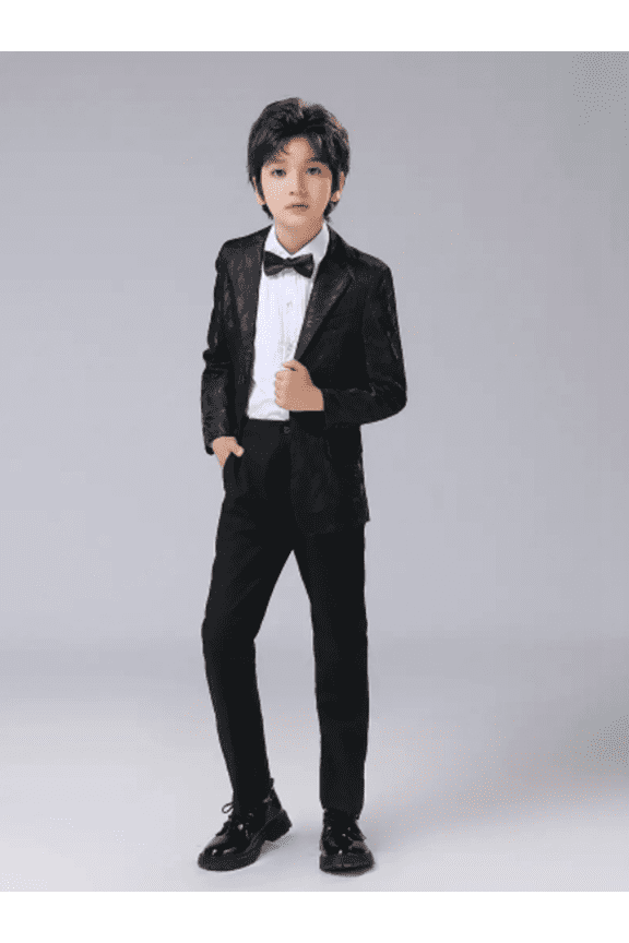 Boy's Gentleman 4pcs Suit Set , Feather Pattern Coat, Formal Suit Set with Jackets Pants Shirt and Tie Kid's Clothes For Spring Fall Winter Black