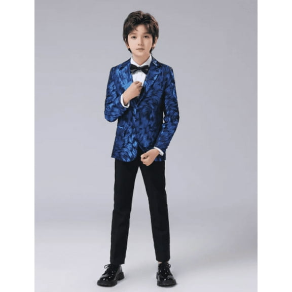 Visaccy Boy's Gentleman 4pcs Suit Set , Feather Pattern Coat, Formal Wear For Speech Performance Birthday Party, Kid's Clothes For Spring Fall Winter Blue