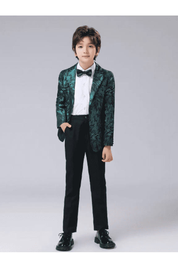 Boy's Gentleman 4pcs Suit Set , Feather Pattern Coat, Formal Wear For Speech Performance Birthday Party, Kid's Clothes For Spring Fall Winter Green