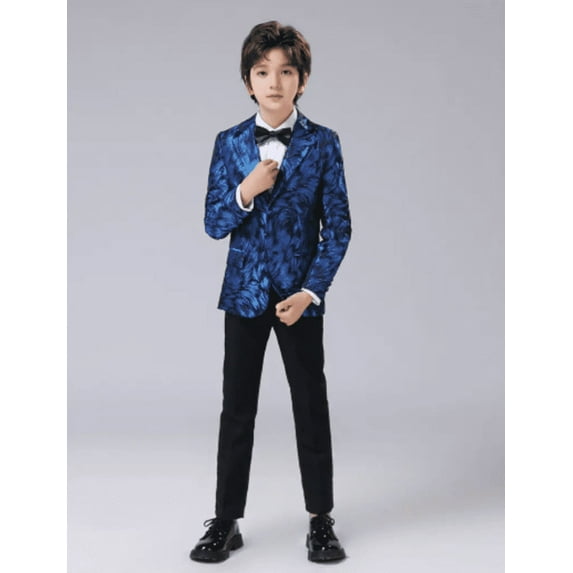 Visaccy Boy's Gentleman 4pcs Suit Set , Feather Pattern Coat, Formal Wear For Speech Performance Birthday Party, Kid's Clothes For Spring Fall Winter Blue