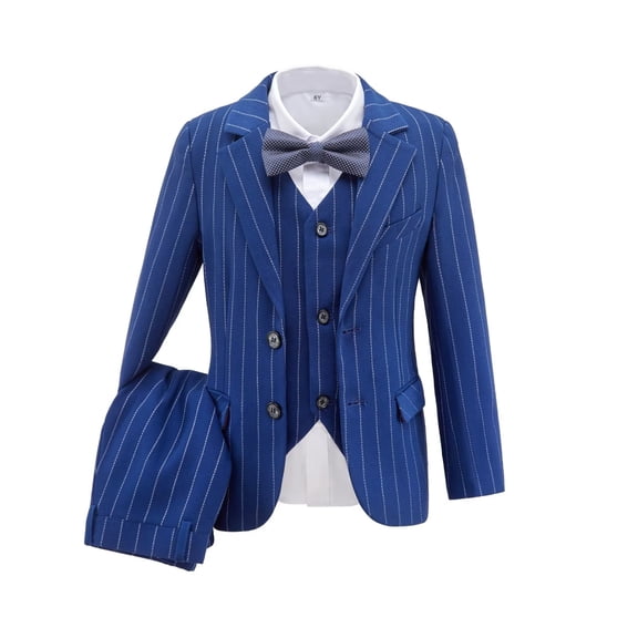Visaccy Boys 5pcs Suit Tuxedo Suits for Toddler Boys Ring Bearer Suit Wedding Stripe Blue Outfit Jackets Vest and Pants Suits Size 5
