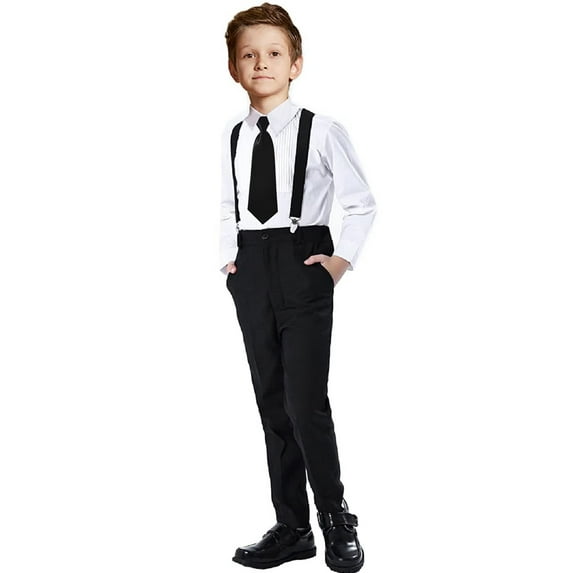 Visaccy Boys Formal Suit Set Black Slim Fit Dresswear Toddler Boy Suspender Outfit Size 10Years
