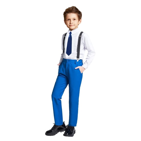 Visaccy Boys Formal Suit Set Blue Slim Fit Dresswear Toddler Boy Suspender Outfit Size 4T