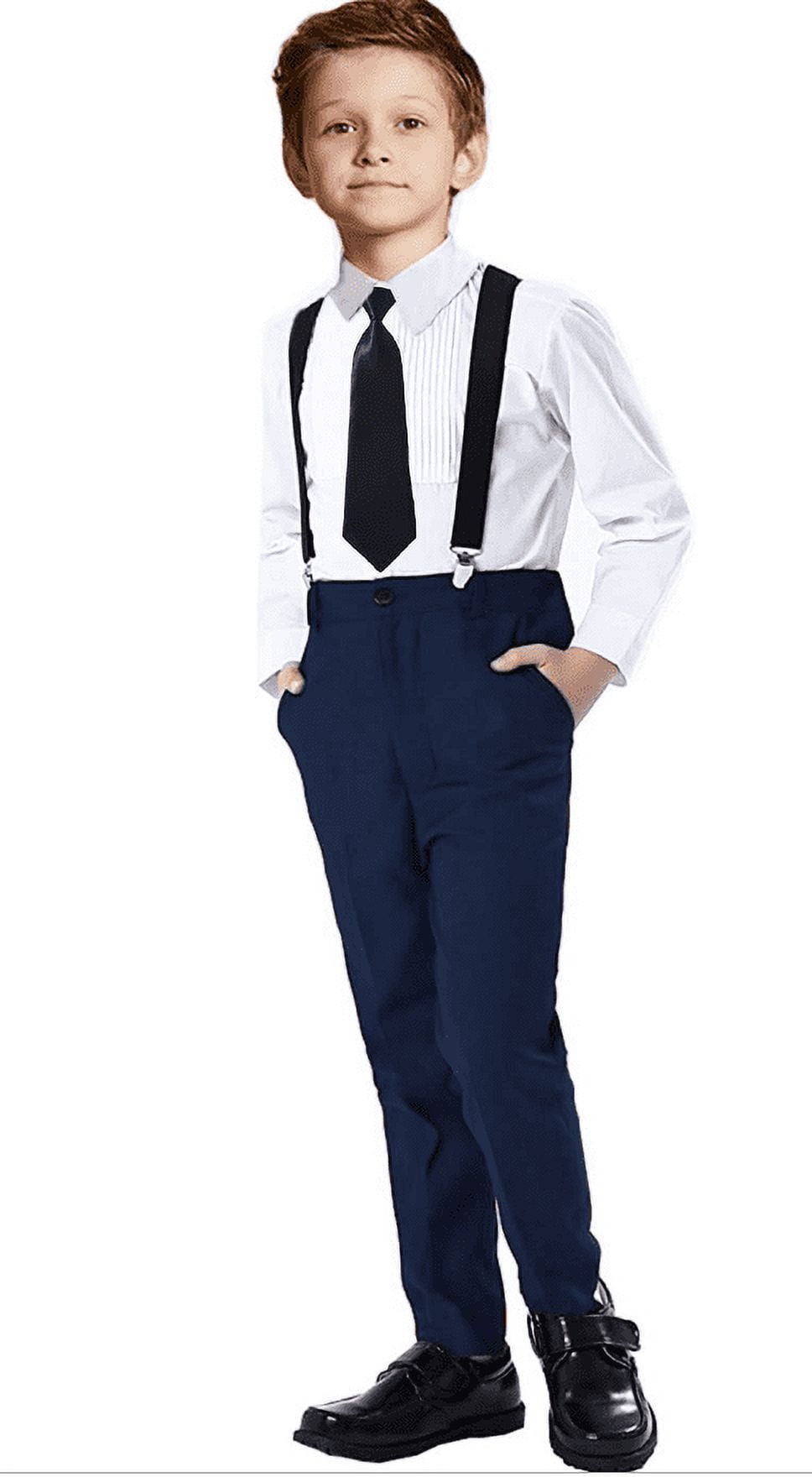 Visaccy Boys Formal Suit Set Navy Slim Fit Dresswear Toddler Boy Suspender Outfit Size 14Years