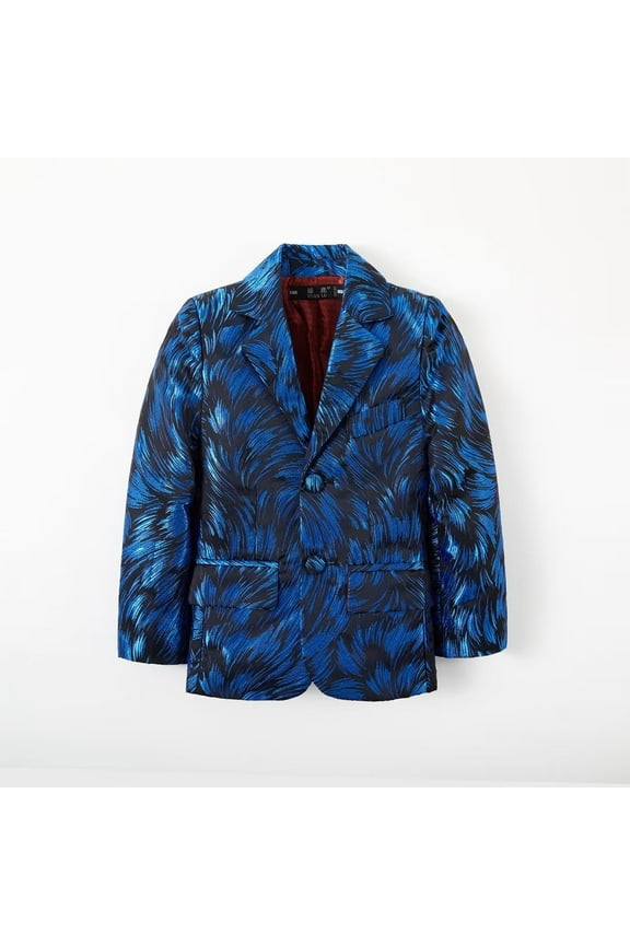 Boys' Formal Suits Blazer Embroidered Feather Pattern Toddler Boy Dress Coat Blue Satin jacket