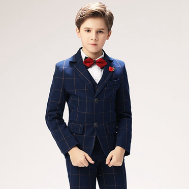 Visaccy Boys Suit Ring Bearer Suit Boy Dressy Outfit Set 5Pcs Formal Suits Set Navy Blue Check