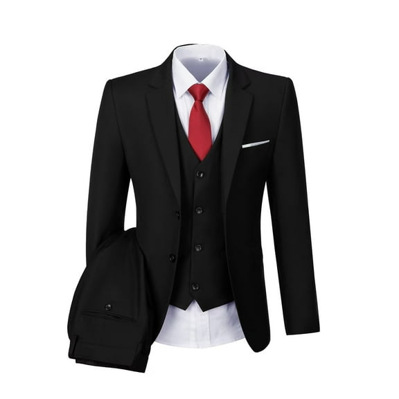 Visaccy Men’s Slim Fit Suit One Button 3-Piece Blazer Dress Business Wedding Party Jacket Vest & Pant Black