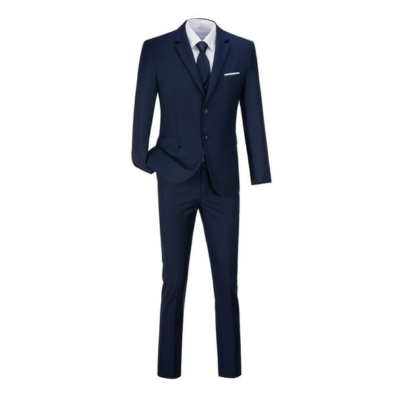 Visaccy Men’s Slim Fit Suit One Button 3-Piece Blazer Dress Business Wedding Party Jacket Vest & Pant Navy